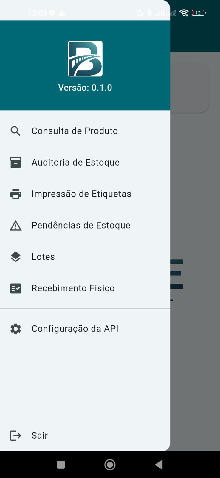 Menu do Bridge Coletor com consulta, auditoria, etiquetas, estoque, lotes e recebimento